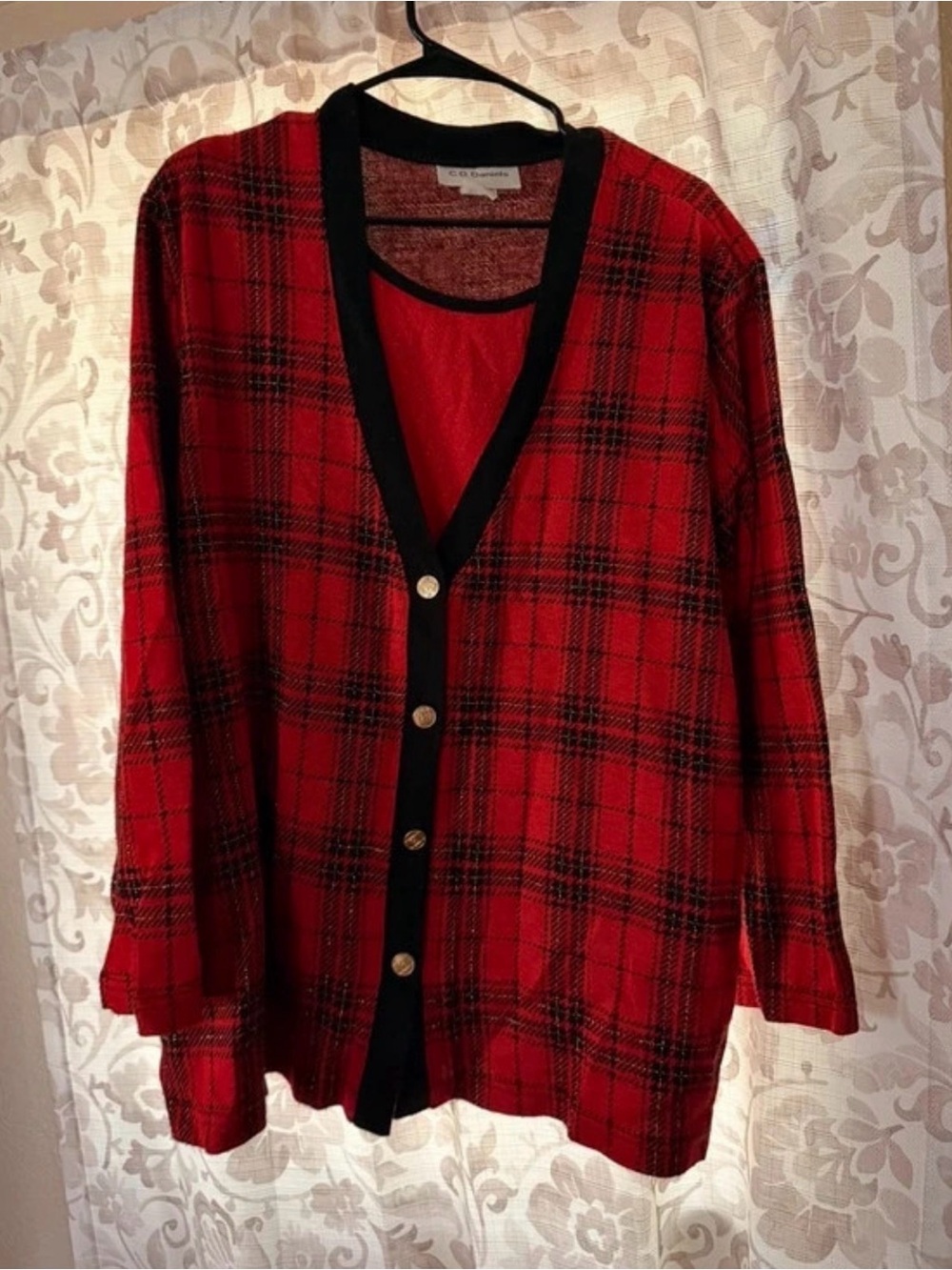 Red Plaid V-Neck Button Cardigan with Black Trim